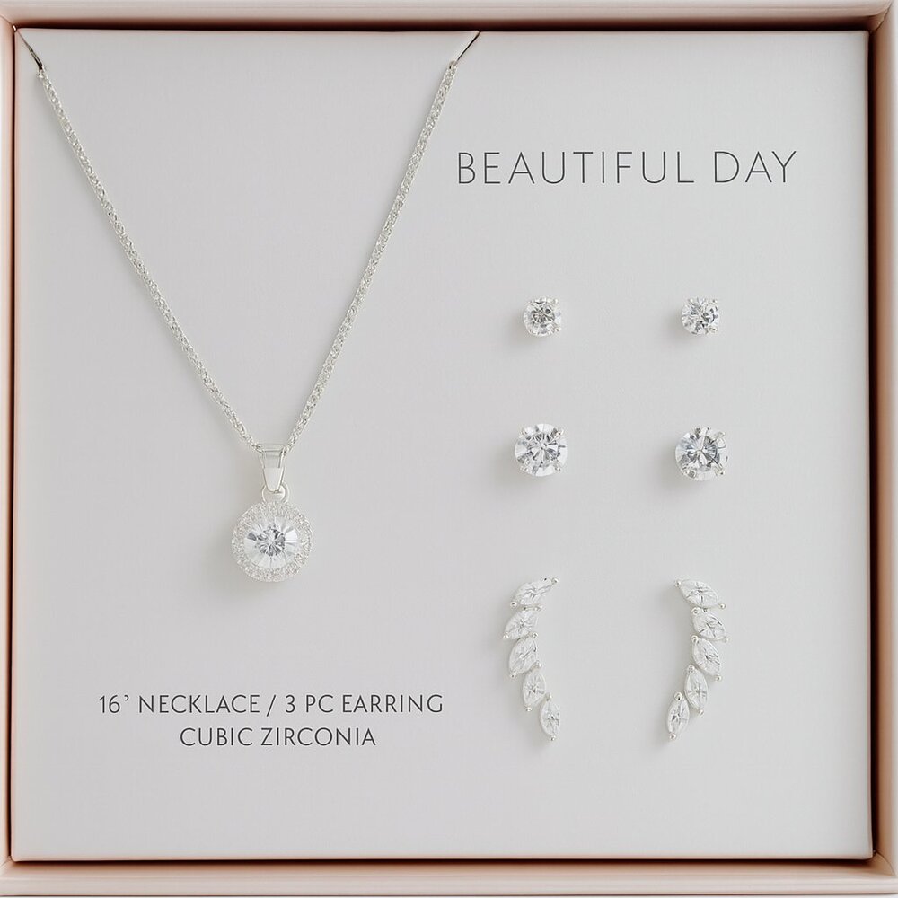 NWT "Beautiful‎ Day" CZ Necklace & 3-Pair Earring Set